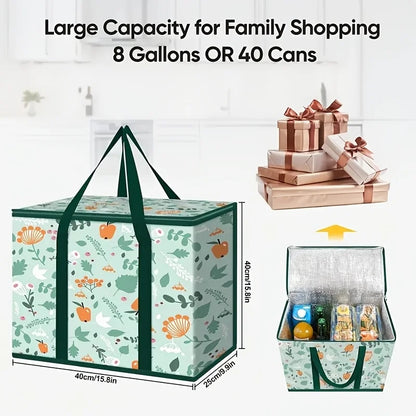 Large reusable grocery bag from BackupMyFilesNow.com, with durable zipper top, spacious interior, and storage pockets for hot or cold food.