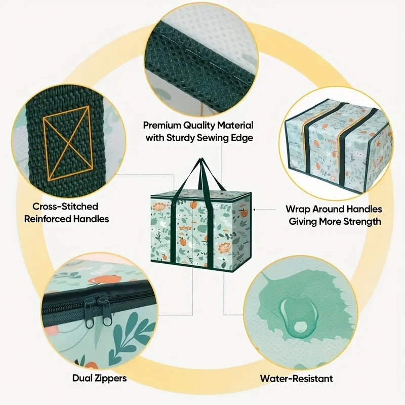 Large green reusable grocery bag by BackupMyFilesNow.com with zipper top, spacious interior, and storage pockets for hot or cold food.