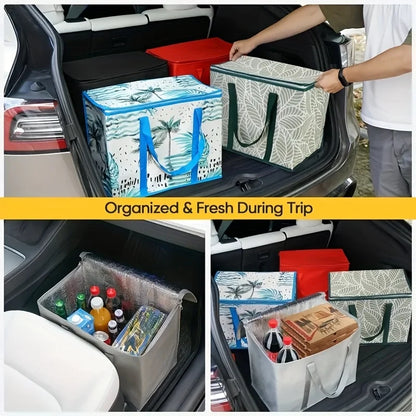 Green large reusable grocery bag with durable zipper, spacious interior, and storage pockets, keeps food hot or cold for hours.