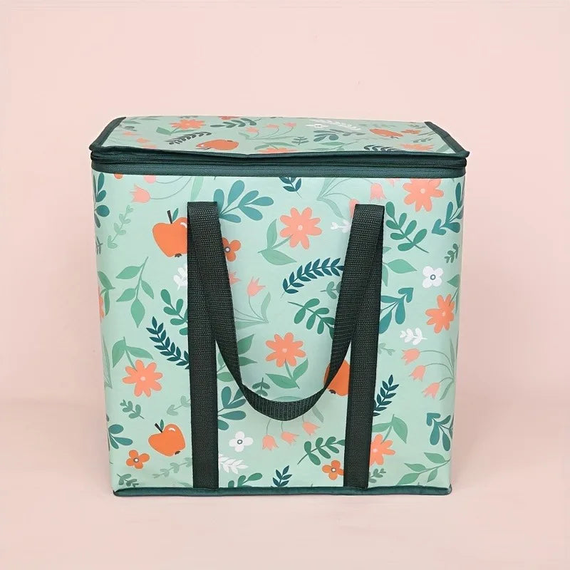 Large green reusable grocery bag by BackupMyFilesNow.com with durable zipper top, spacious interior, and multiple storage pockets.