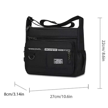 Green men's single shoulder bag with multiple compartments, stylish design, suitable for business, leisure, and casual use.