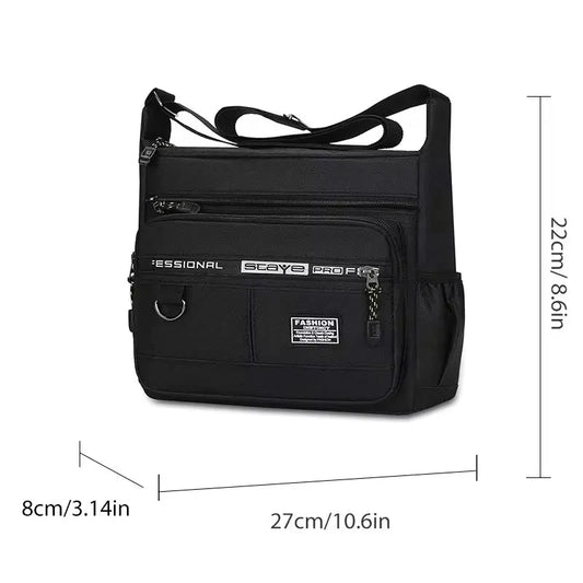 Green men's single shoulder bag with multiple compartments, stylish design, suitable for business, leisure, and casual use.