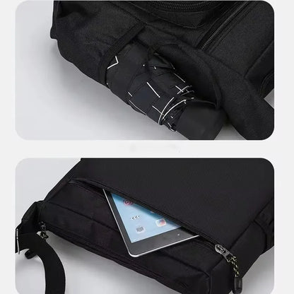 Green men's single shoulder bag with multiple compartments, versatile for business, leisure, and everyday storage.