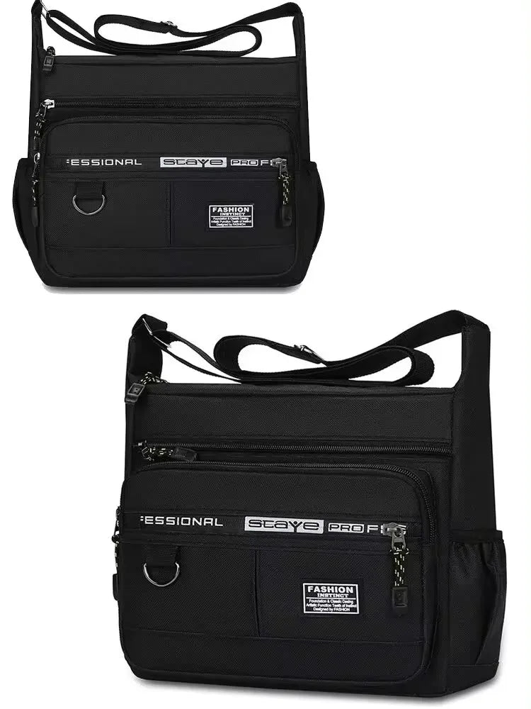 Green men's single shoulder bag with multiple compartments, stylish crossbody design, suitable for business or leisure use.