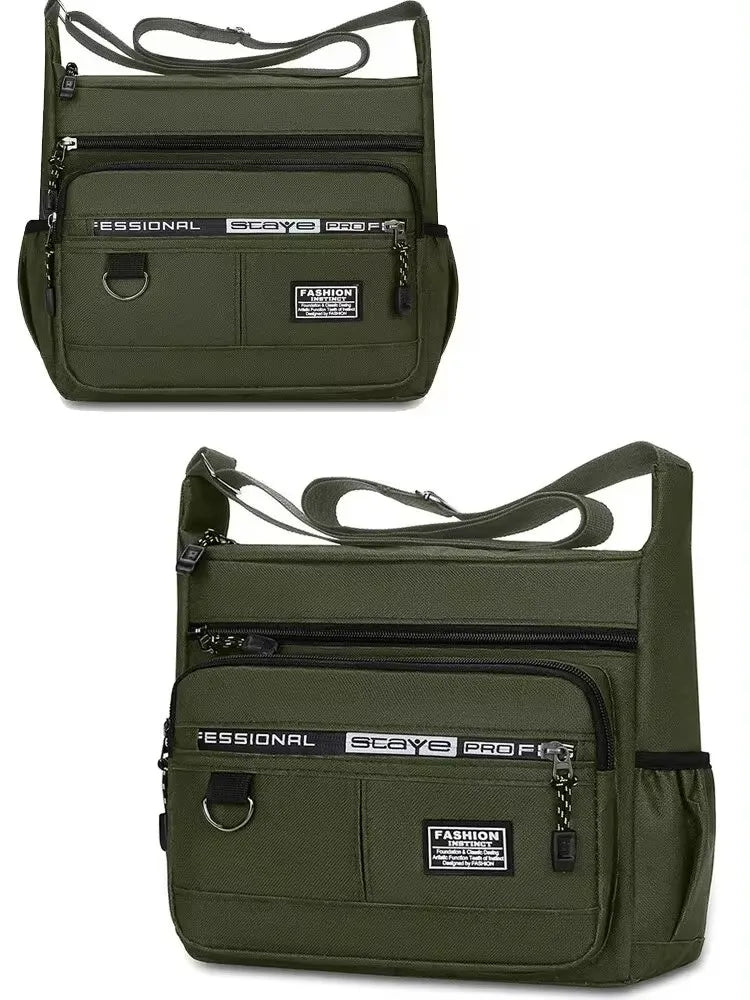 Green men’s single shoulder bag, stylish crossbody storage bag for business and leisure use, casual design with multiple compartments.