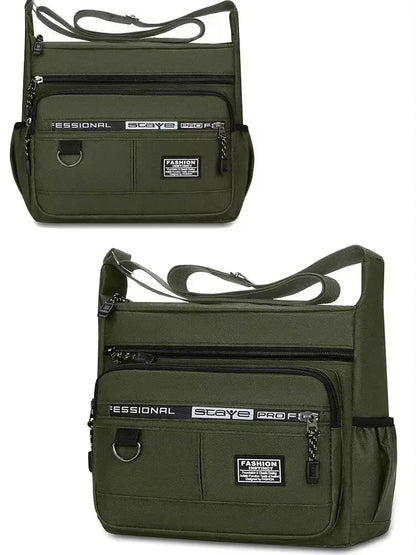 Green men’s single shoulder bag, stylish crossbody storage bag for business and leisure use, casual design with multiple compartments.