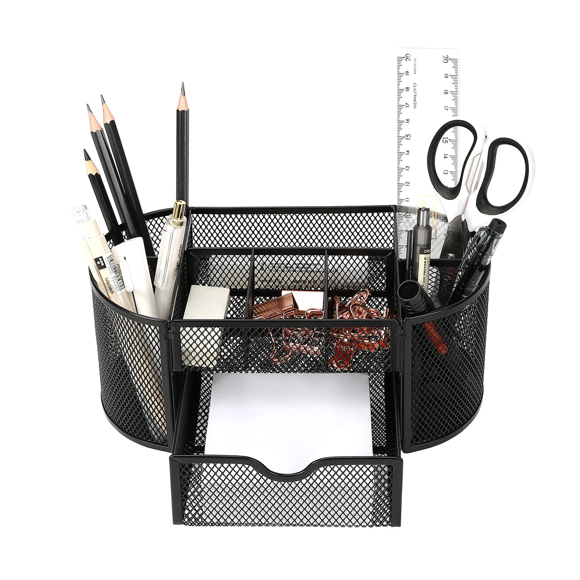 Green mesh desk organizer with sturdy metal pen stand for student stationery and office supplies.