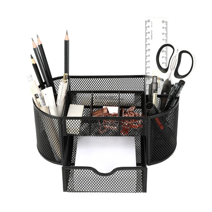 Green mesh desk organizer with sturdy metal pen stand for student stationery and office supplies.