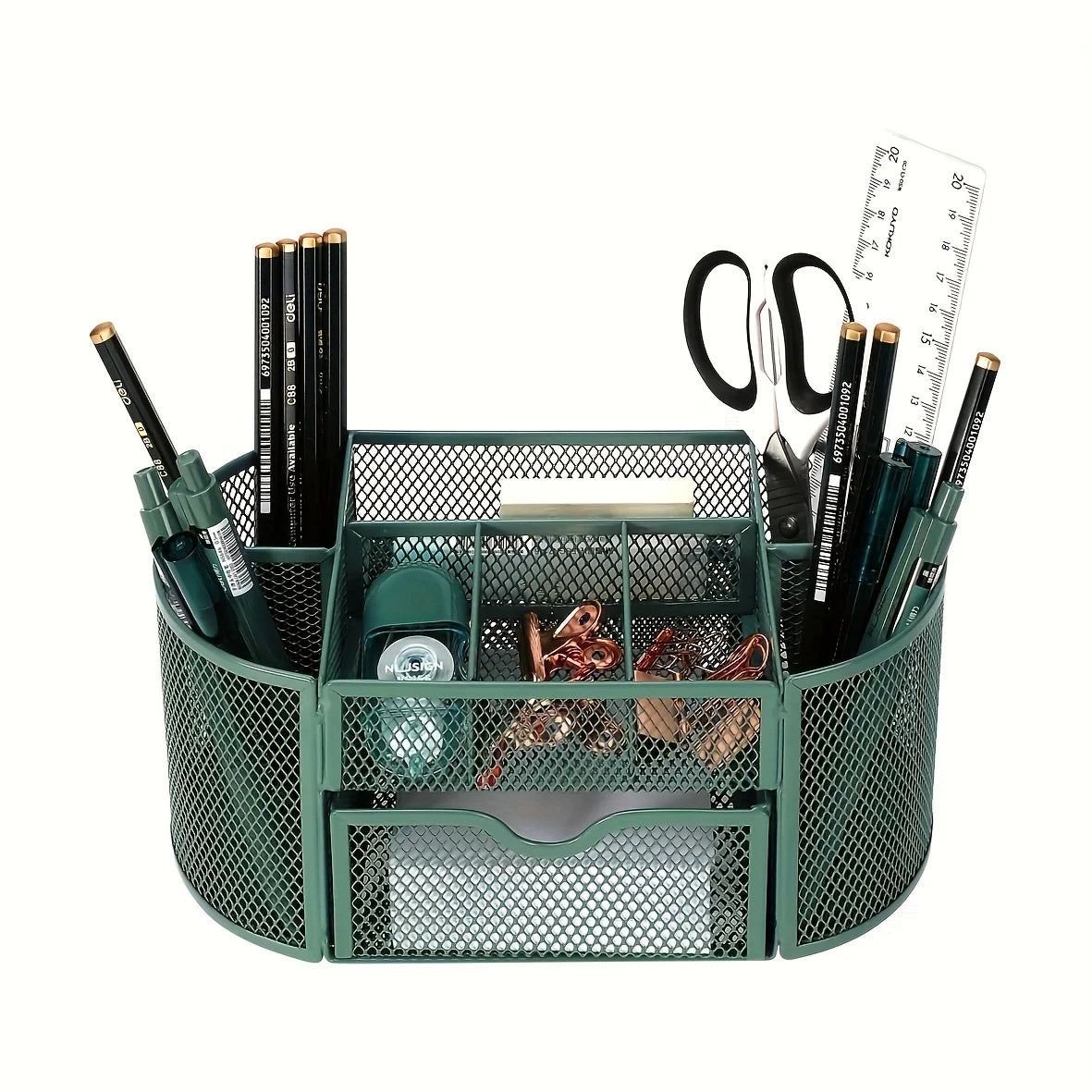Green mesh desk organizer with sturdy metal pen stand for student stationery and office supplies.