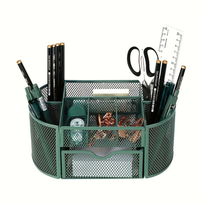 Green mesh desk organizer with sturdy metal pen stand for student stationery and office supplies.