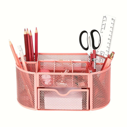 Green mesh desk organizer with sturdy metal pen stand for student and office stationery storage.