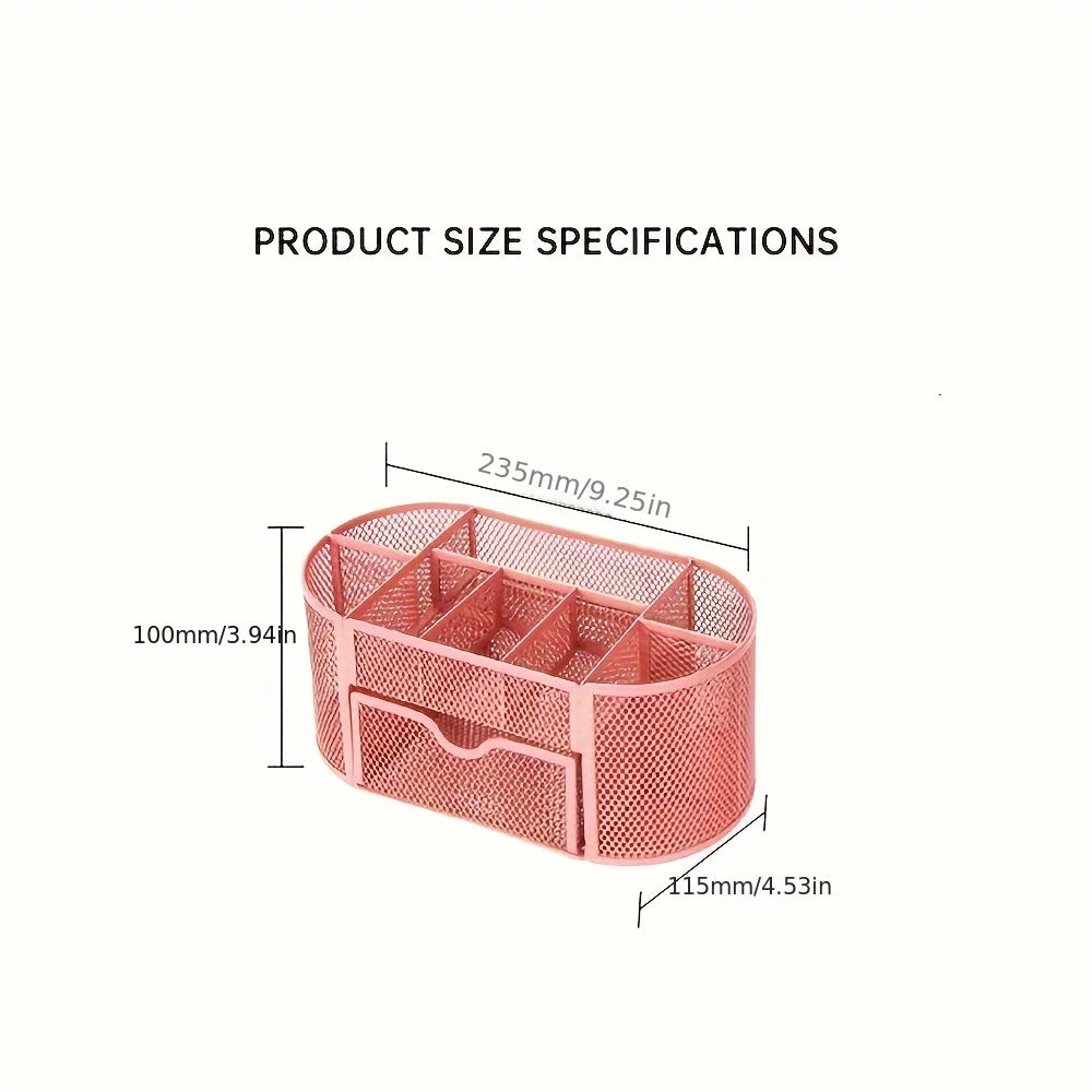 Green mesh desk organizer with sturdy metal pen stand, ideal for student and office stationery storage.