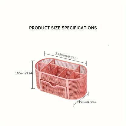Green mesh desk organizer with sturdy metal pen stand, ideal for student and office stationery storage.