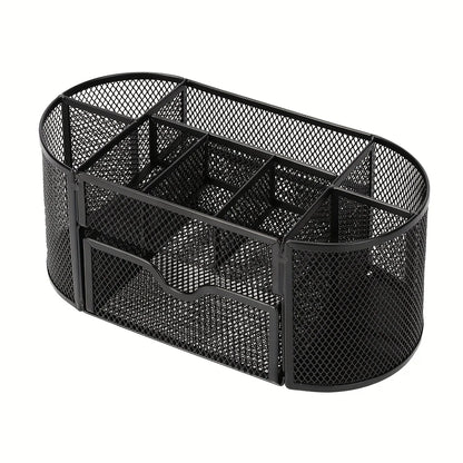Green mesh desk organizer with sturdy metal pen stand for student and office stationery, ideal for keeping supplies tidy