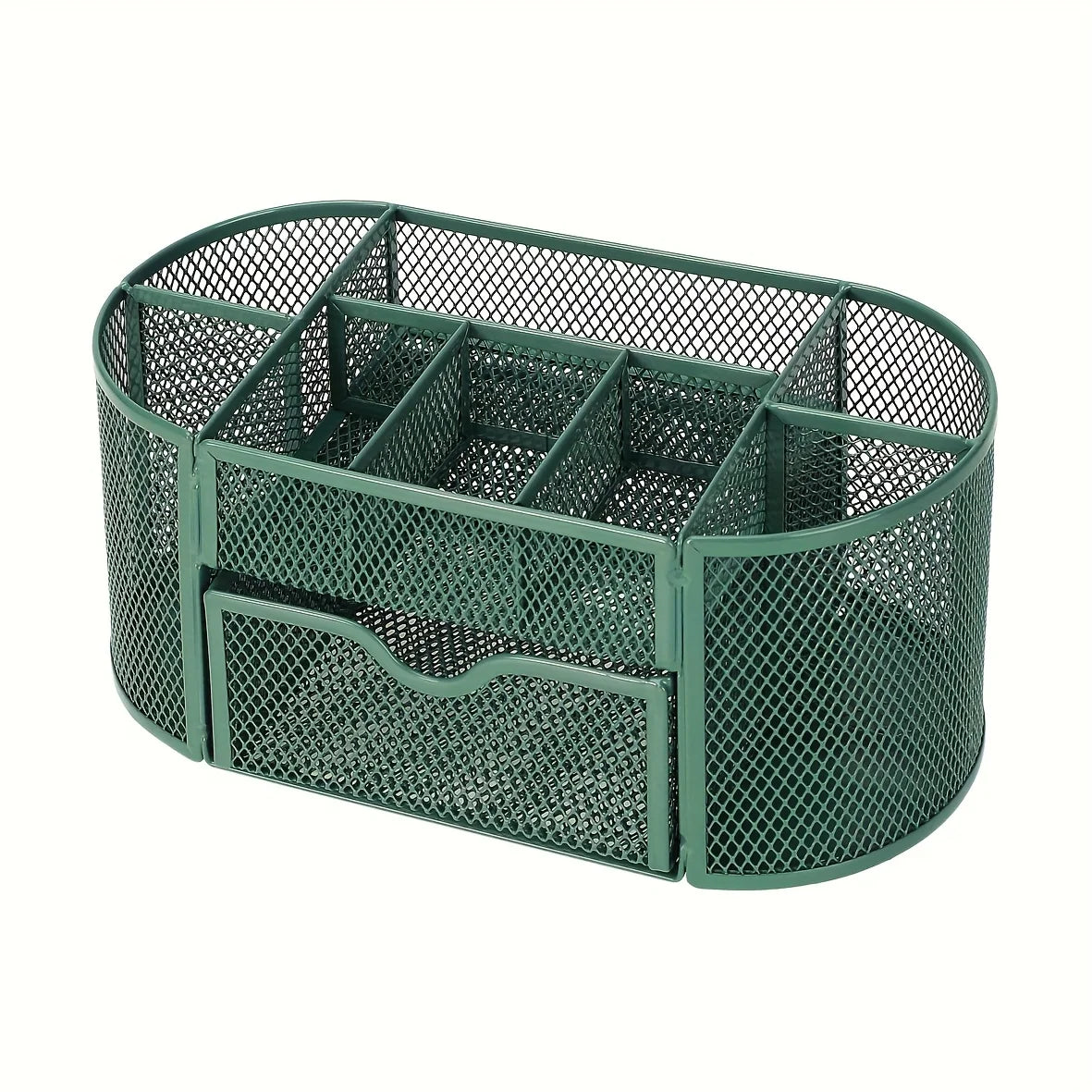 Green mesh desk organizer by BackupMyFilesNow.com with sturdy metal pen stand, ideal for student and office stationery storage.