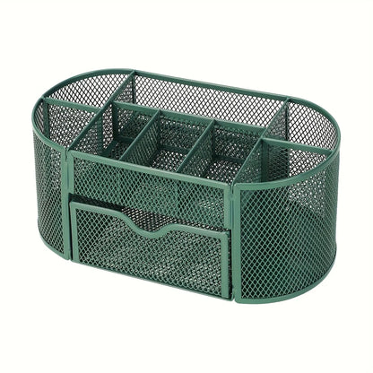 Green mesh desk organizer by BackupMyFilesNow.com with sturdy metal pen stand, ideal for student and office stationery storage.