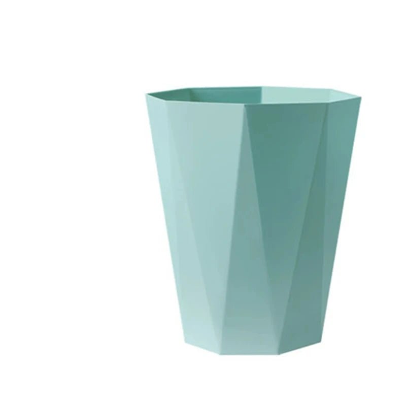 Green plastic household trash can and open trash basket with large capacity for bathroom, bedroom, kitchen, or office use.