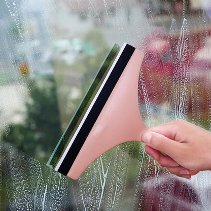 Green soft silicone glass scraper and squeegee for car mirrors, windows, shower, and bathroom cleaning, with brush holder.
