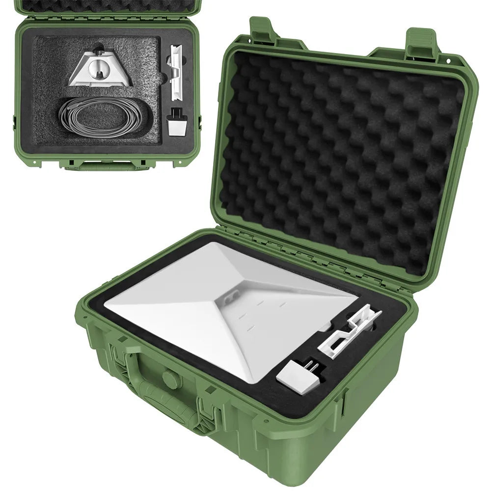 Green Starlink Mini Case by BACKUPMYFILESNOW.COM®, waterproof, shockproof portable travel case for mini Starlink dish and accessories.