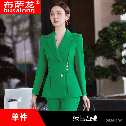 Green women's long sleeve business suit set from 2023, stylish and professional for office wear and business attire.