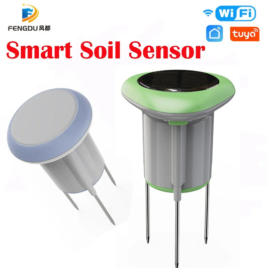 Tuya Smart Solar Soil Sensor by BackupMyFilesNow.com showing waterproof design, soil temperature, moisture, and EC detection in a garden setting.
