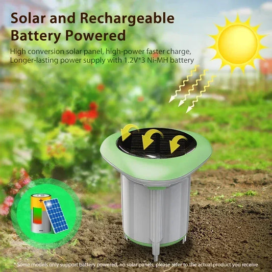 Tuya Smart Solar Soil Sensor by BackupMyFilesNow.com showing the IP66 waterproof sensor for soil temperature, moisture, and EC detection.