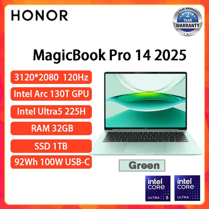 Honor MagicBook Pro 14 2025 laptop with Intel Core Ultra 5, 32GB RAM, 1TB storage, 14.6-inch 3.1K display, 120Hz gaming PC