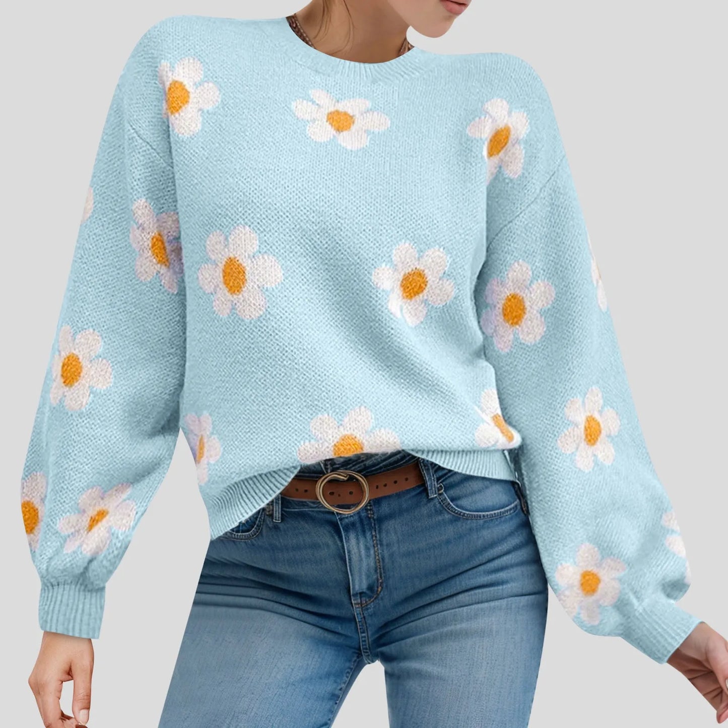 Green 2024 fall sweater for women, round neck, long sleeves, flower print, ribbed knit, stylish autumn winter top.
