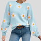 Green 2024 fall sweater for women, round neck, long sleeves, flower print, ribbed knit, stylish autumn winter top.