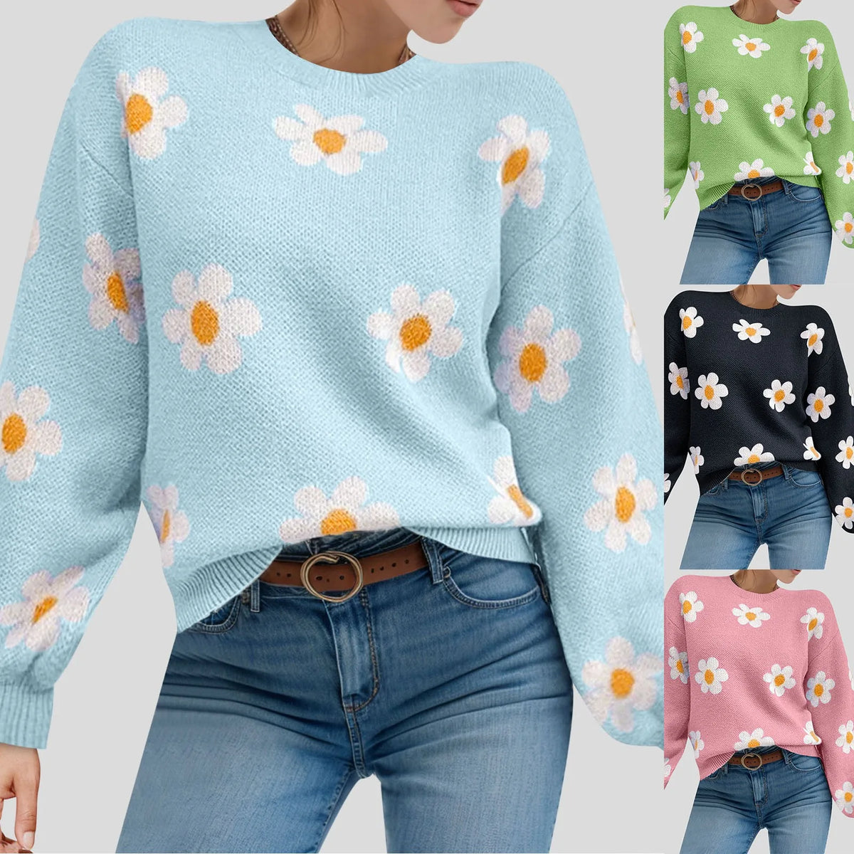 Green 2024 fall women's sweater with round neck, flower print, long sleeves, ribbed knit, perfect for autumn winter outfits.