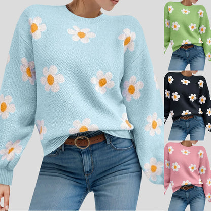 Green 2024 fall women's sweater with round neck, flower print, long sleeves, ribbed knit, perfect for autumn winter outfits.