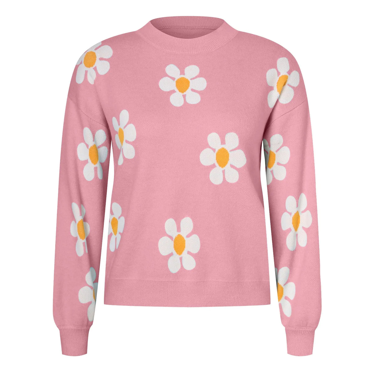 Green 2024 fall women's sweater with round neck, floral print, long sleeves, ribbed knit, perfect for autumn winter outfits.