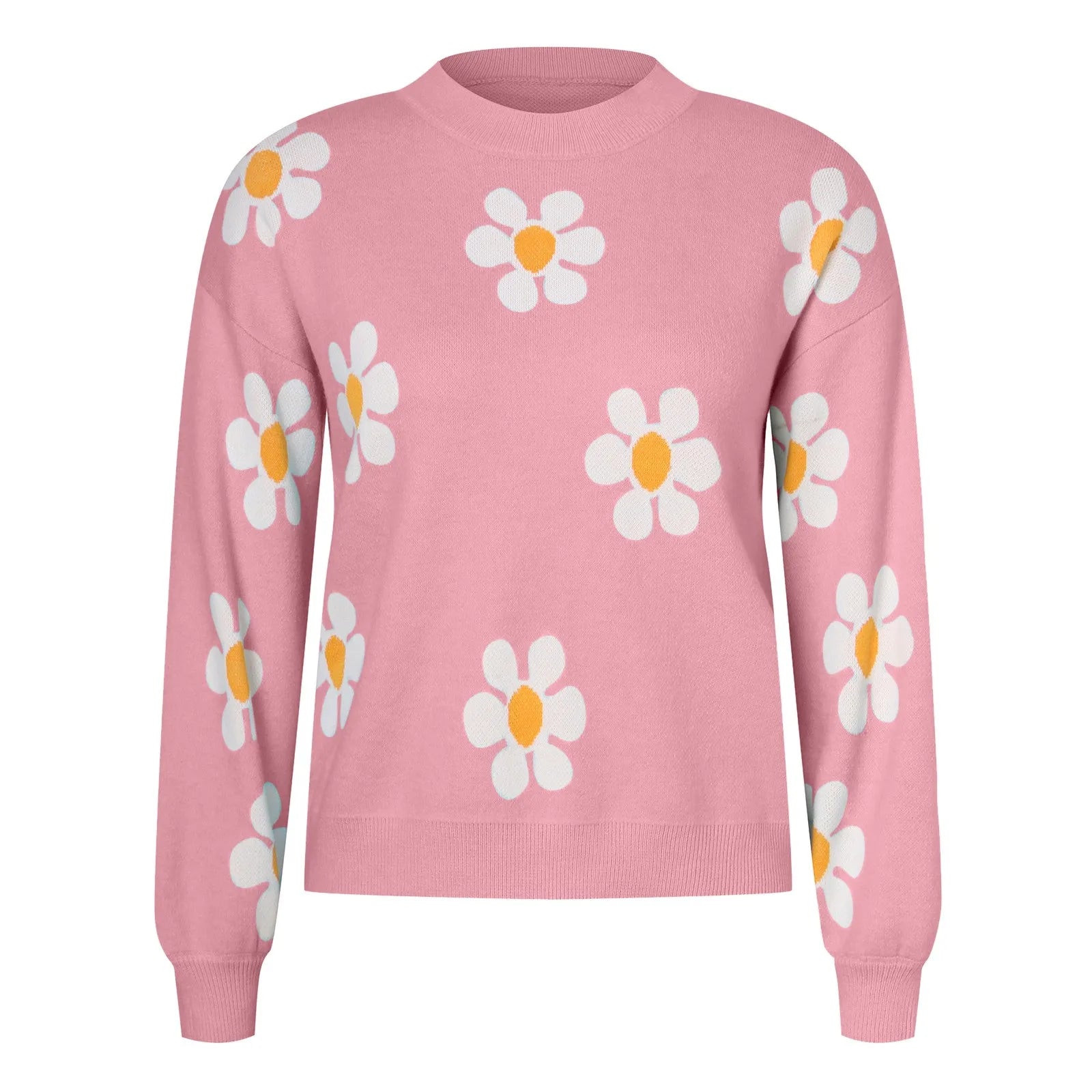 Green 2024 fall women's sweater with round neck, floral print, long sleeves, ribbed knit, perfect for autumn winter outfits.
