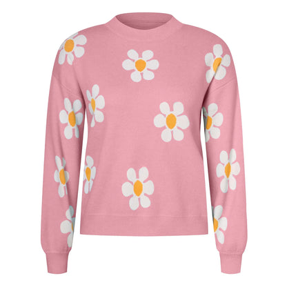 Green 2024 fall women's sweater with round neck, floral print, long sleeves, ribbed knit, perfect for autumn winter outfits.