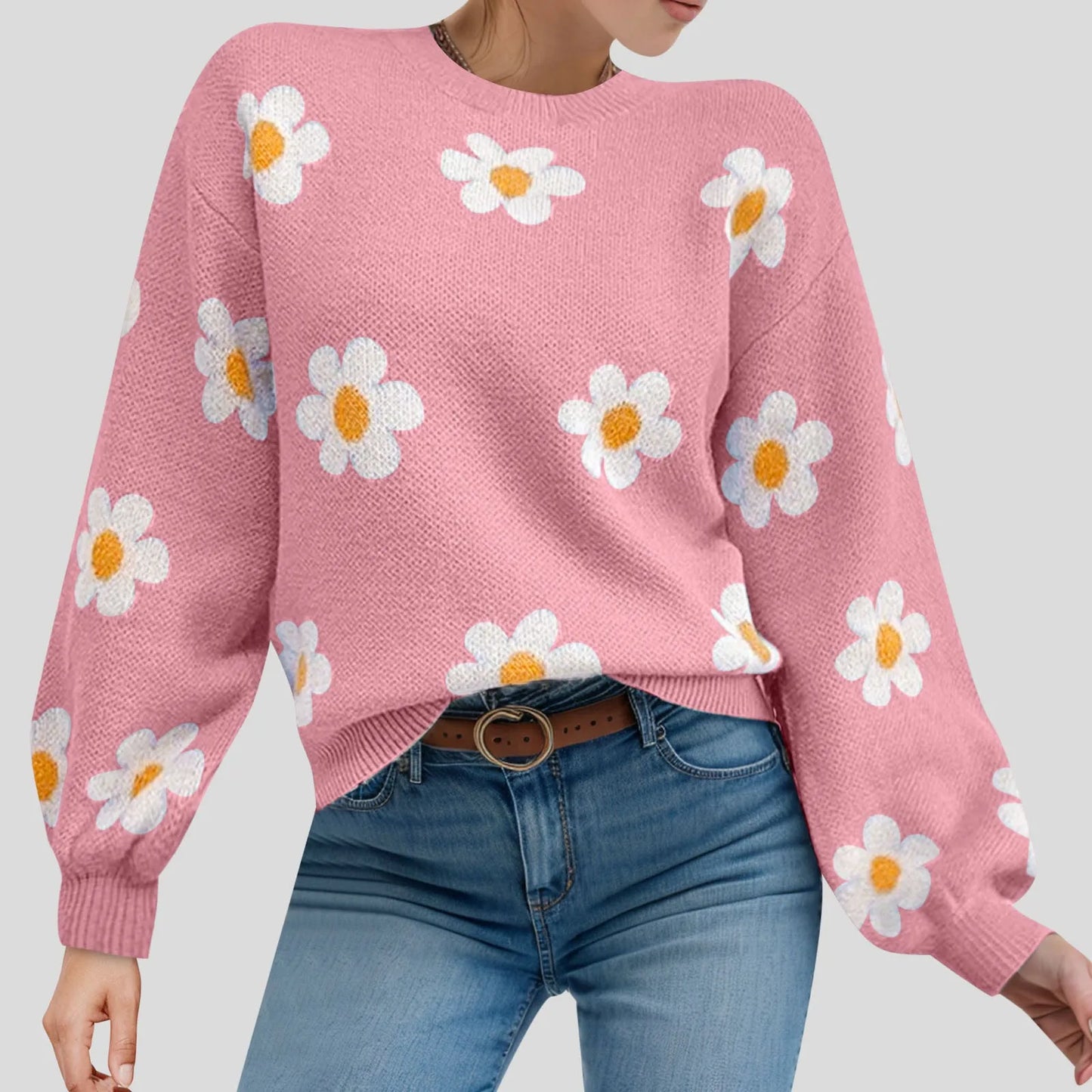 Green 2024 fall women's sweater with round neck, flower print, long sleeves, ribbed knitted design, perfect for autumn winter.