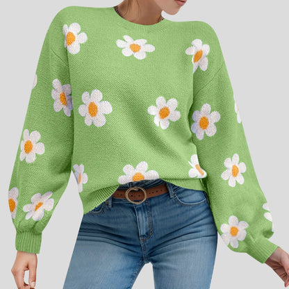 Green 2024 fall women's sweater with round neck, flower print, long sleeves, ribbed knit, perfect for autumn winter outfits.