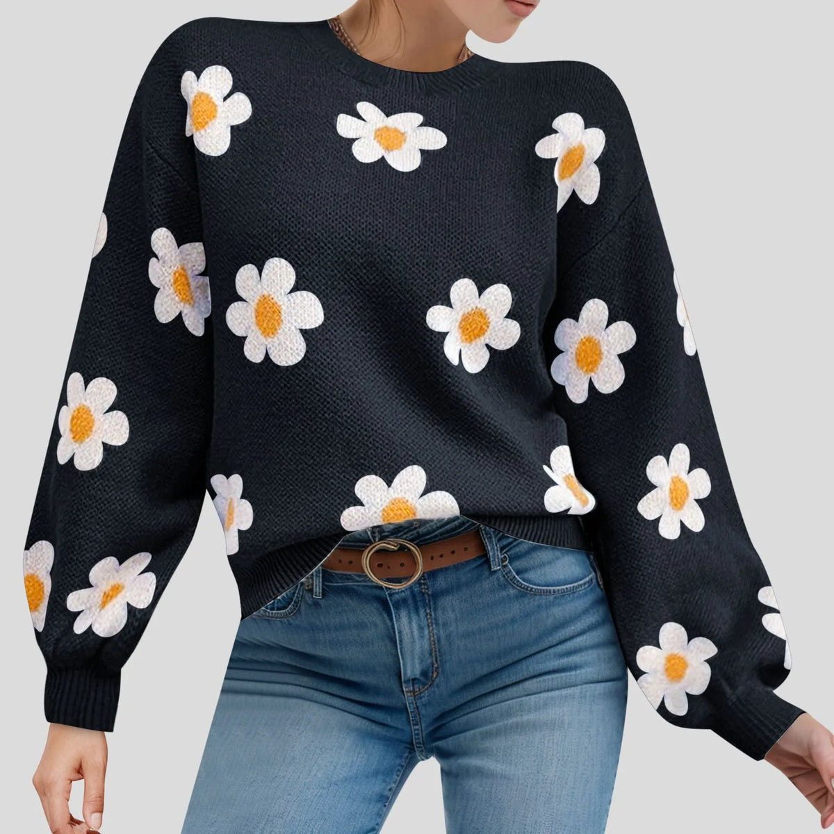 Green 2024 fall women's sweater with flower print, round neck, long sleeves, ribbed knit, perfect for autumn winter outfits.