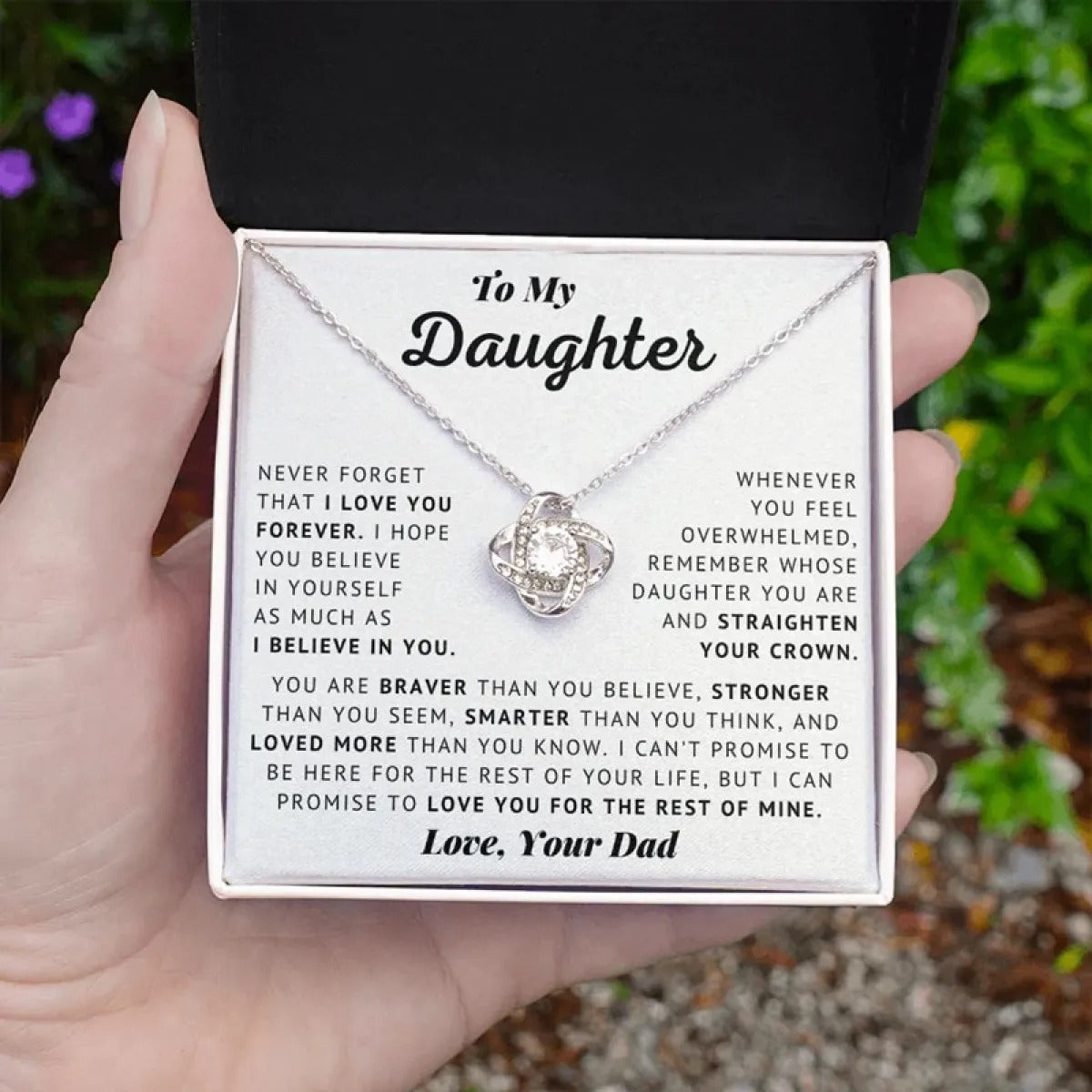 Elegant heart-shaped clavicle chain necklace from BACKUPMYFILESNOW.COM®, perfect gift for daughter, displayed with a greeting card.