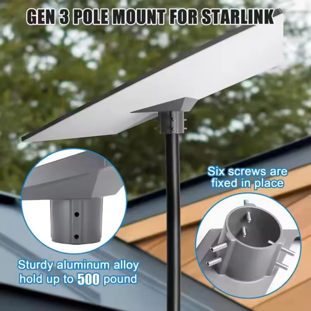 BackupMyFilesNow® 12-inch grey aluminium alloy Starlink Gen 3 mount pipe adapter for roof installation with V3 mounting plate.