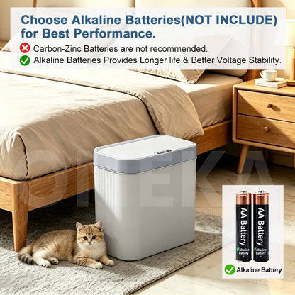 Grey 14L smart sensor wall-mounted trash can with hook, suitable for bathroom, kitchen, bedroom, and living room waste disposal.
