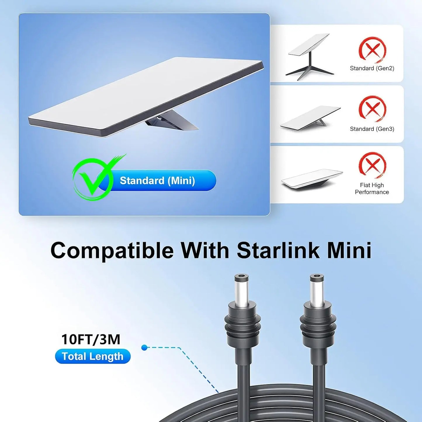 Gray Starlink Mini DC power cable, 3.3/16.4/32.8ft replacement cable for Starlink power supply, designed for reliable connectivity.