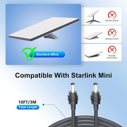 Gray Starlink Mini DC power cable, 3.3/16.4/32.8ft replacement cable for Starlink power supply, designed for reliable connectivity.