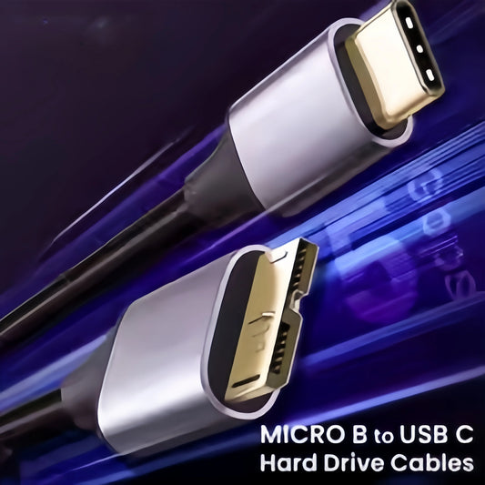 Grey USB C to Micro B 3.0 cable for external hard drives and SSDs, compatible with Toshiba, WD, Seagate, MacBook, and laptops.