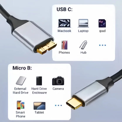 Gray USB C to Micro B 3.0 cable for external hard drives and SSDs, compatible with Toshiba, WD, Seagate, MacBook, and laptops.