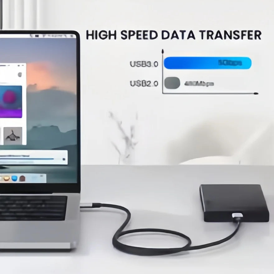 Grey USB C to Micro B 3.0 cable for external hard drives and SSDs, compatible with Toshiba, WD, Seagate, MacBook, and laptops.