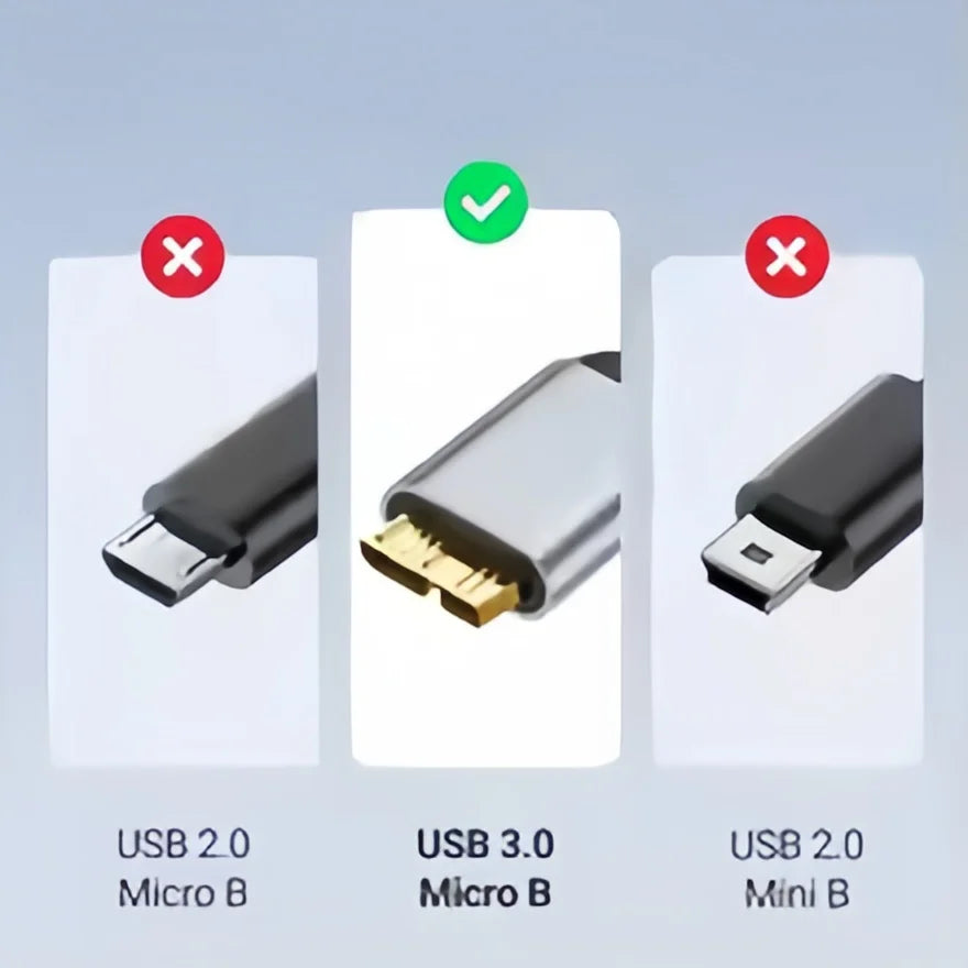 USB C to Micro B 3.0 cable for external hard drives and SSDs, showing Type C male and Micro B female connectors.