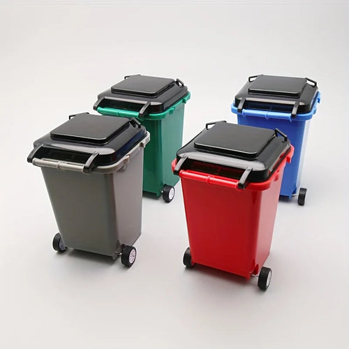 Grey portable mini office desk trash bin and pen holder for office supplies storage, compact and convenient.