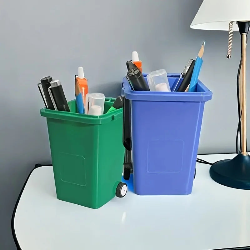 Gray portable mini office desk trash bin and pen holder for office supplies storage, compact and lightweight.