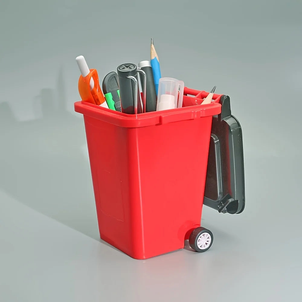 Grey portable mini office desk trash bin and pen holder, compact storage for office supplies, by BackupMyFilesNow.com