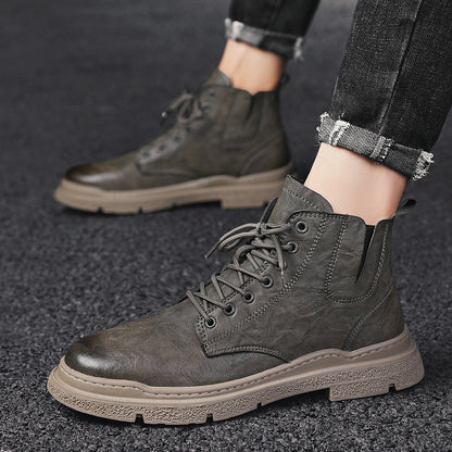 Men's high-top leather Martin boots in British style with sturdy soles and classic design, ideal for rugged casual wear.